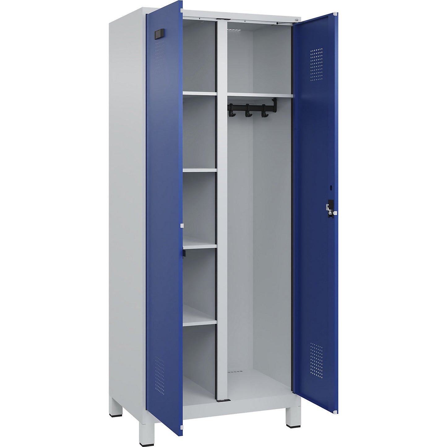 Evolo PLUS locker for cleaning products, 1 compartment, partition in centre, light grey / gentian blue, W 800 mm, with wide feet, cylinder lock.