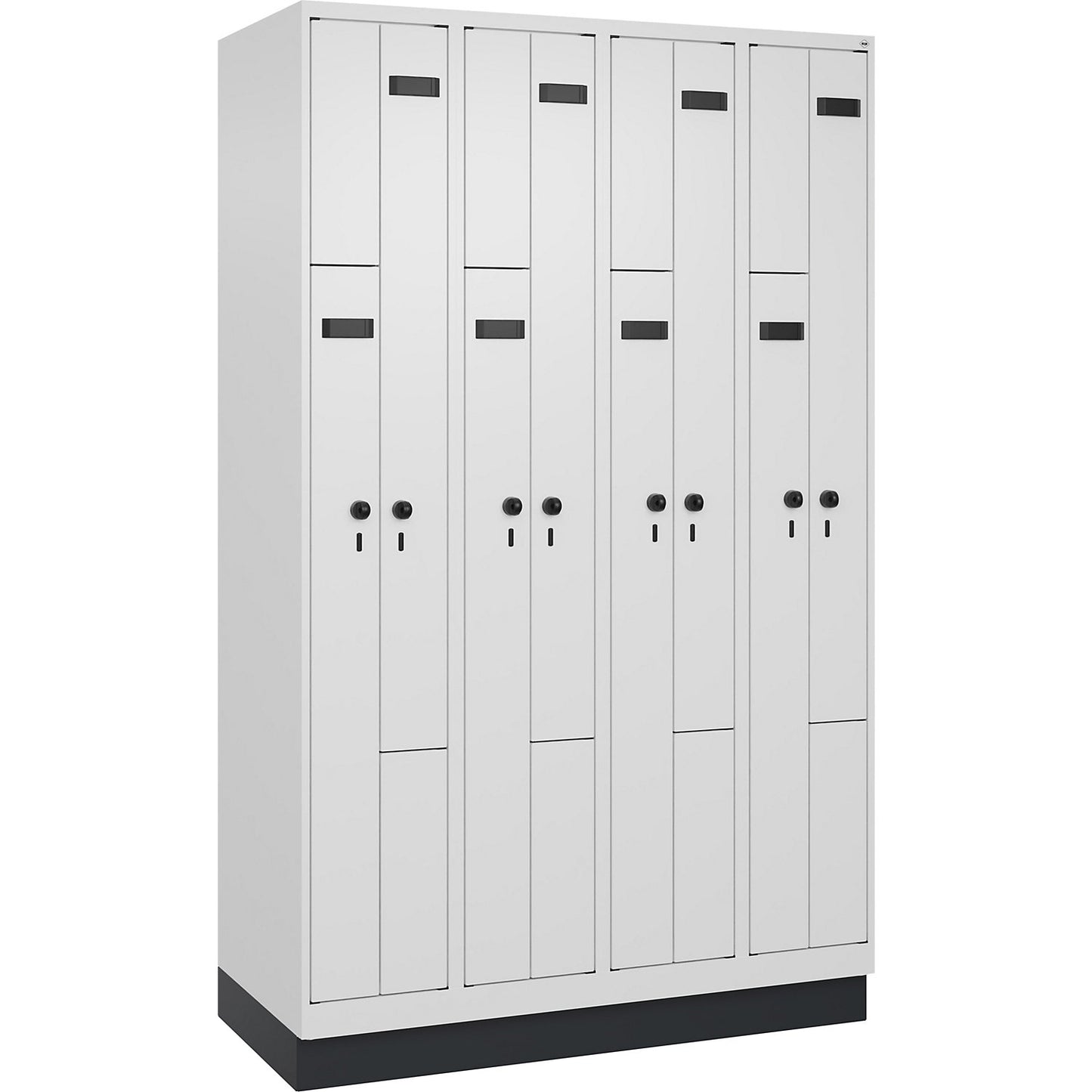 Evolo PLUS Z-locker, 4 compartments, white, W 1200 mm, 8 compartments, with base plinth, security rotary bolt.