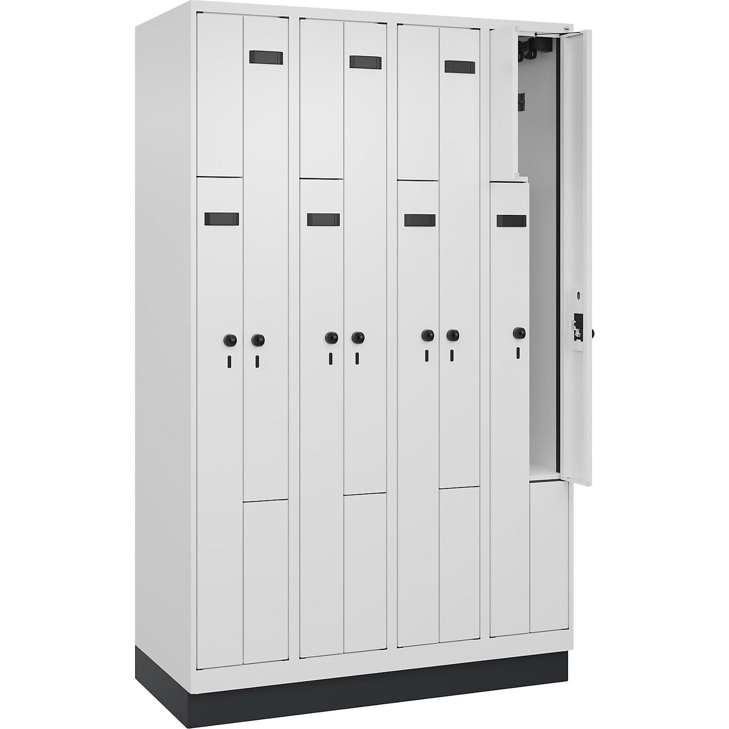 Evolo PLUS Z-locker, 4 compartments, white, W 1200 mm, 8 compartments, with base plinth, security rotary bolt.