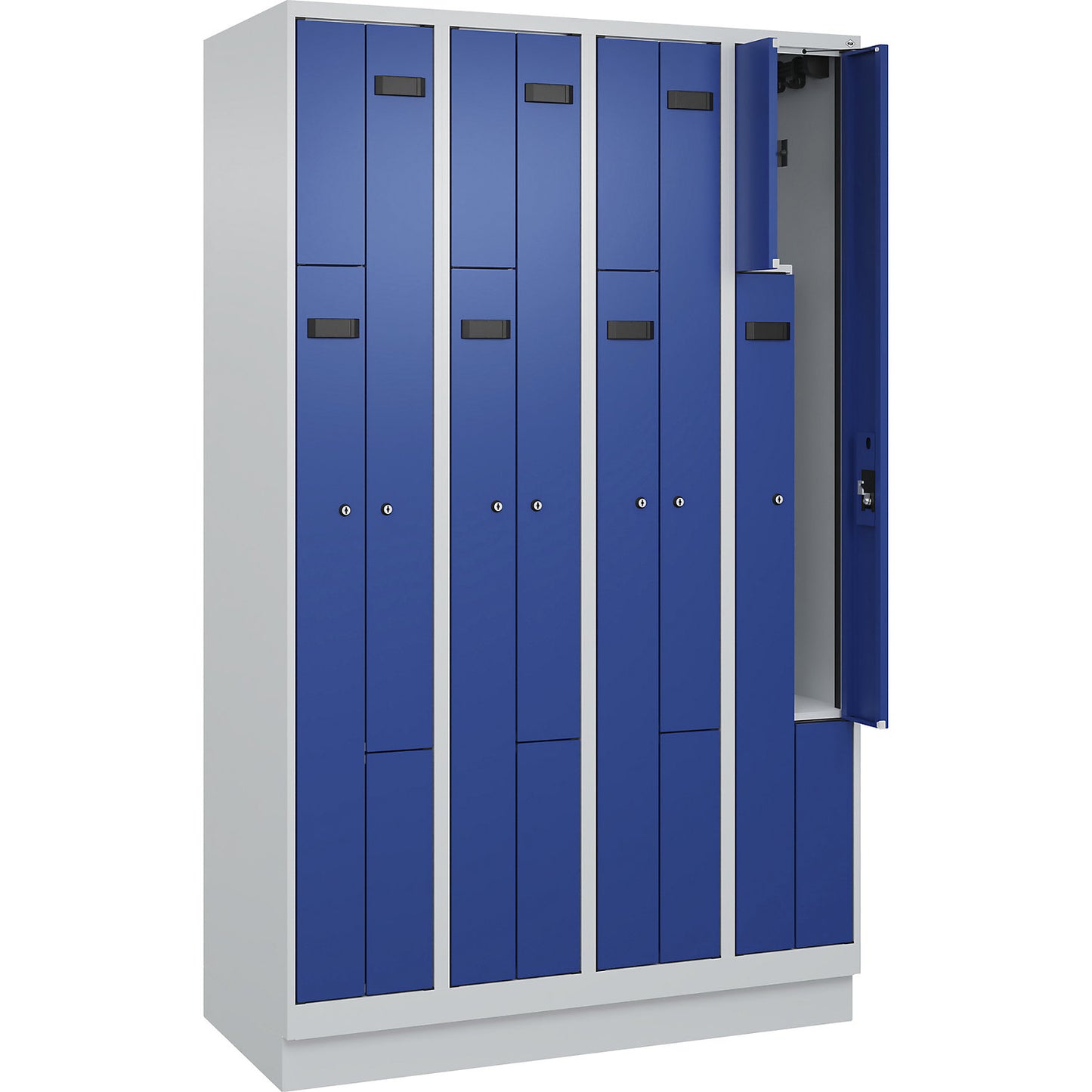 Evolo PLUS Z-locker, 4 compartments, light grey / gentian blue, W 1200 mm, 8 compartments, with base plinth, cylinder lock.