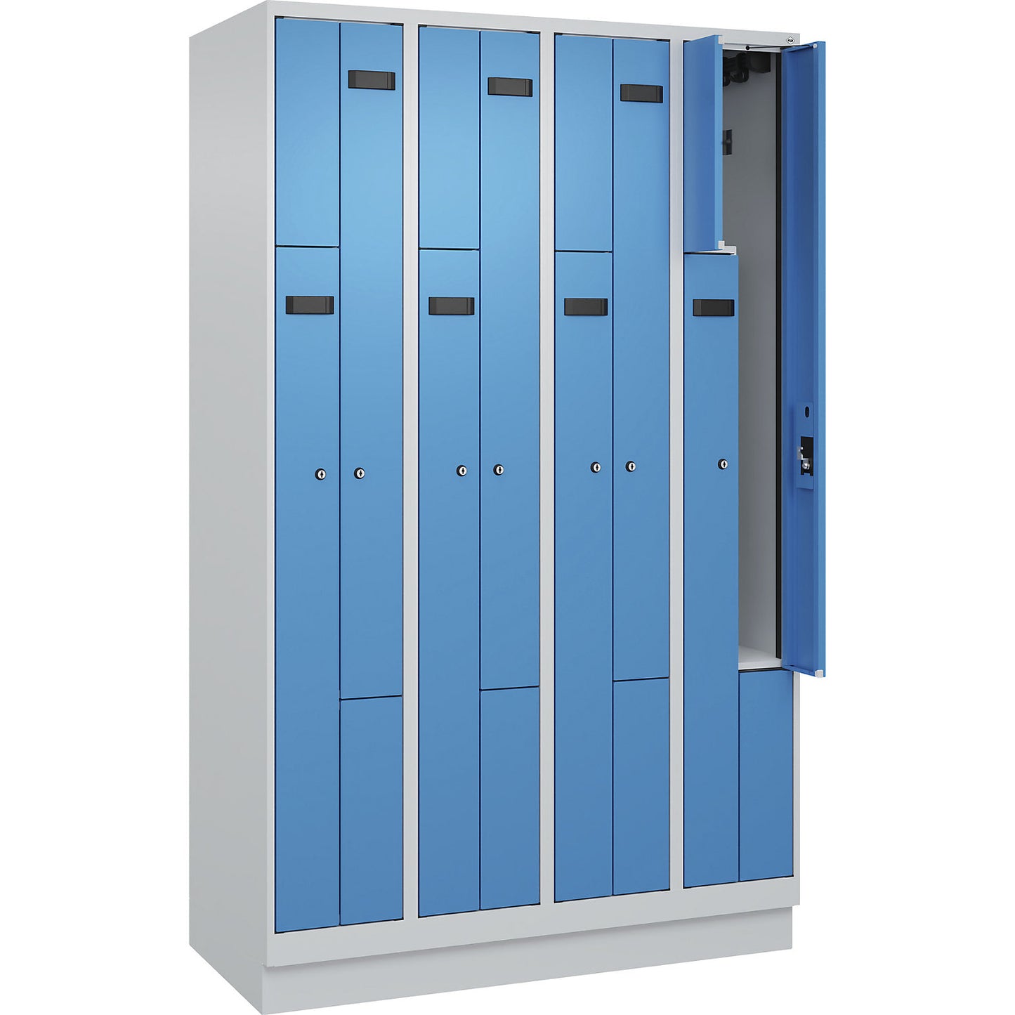 Evolo PLUS Z-locker, 4 compartments, light grey / light blue, W 1200 mm, 8 compartments, with base plinth, cylinder lock.