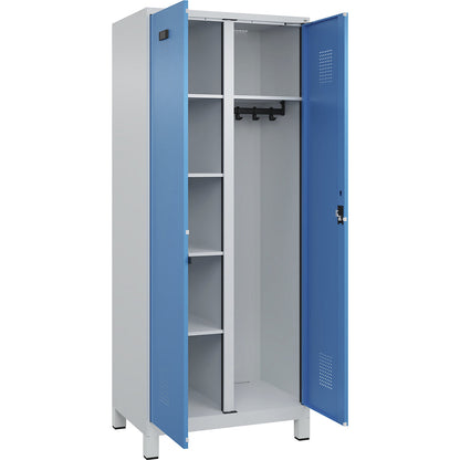 Evolo PLUS locker for cleaning products, 1 compartment, partition in centre, light grey / light blue, W 800 mm, with wide feet, cylinder lock.