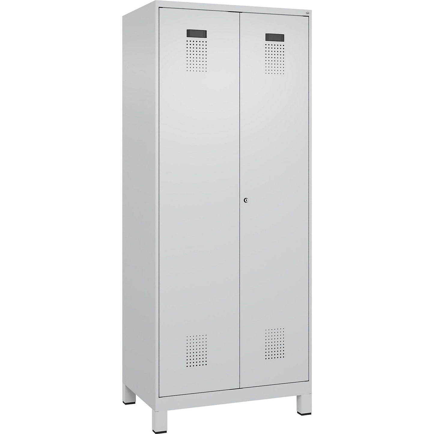 Evolo PLUS locker for cleaning products, 1 compartment, partition in centre, light grey, W 800 mm, with wide feet, cylinder lock.