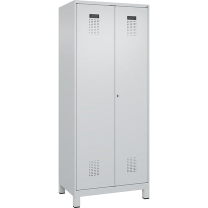 Evolo PLUS locker for cleaning products, 1 compartment, partition in centre, light grey, W 800 mm, with wide feet, cylinder lock.