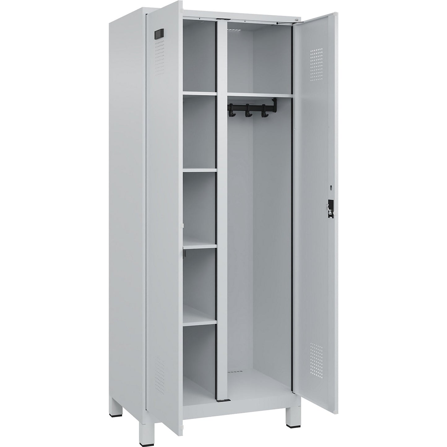Evolo PLUS locker for cleaning products, 1 compartment, partition in centre, light grey, W 800 mm, with wide feet, cylinder lock.