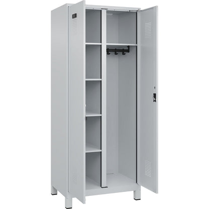 Evolo PLUS locker for cleaning products, 1 compartment, partition in centre, light grey, W 800 mm, with wide feet, cylinder lock.
