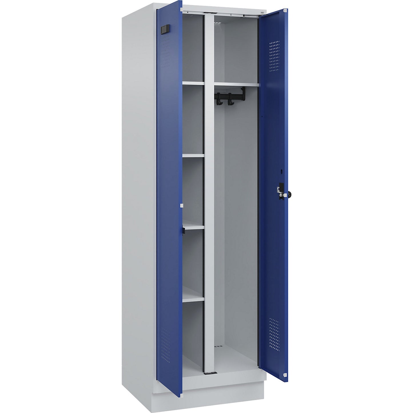 Evolo PLUS locker for cleaning products, 1 compartment, partition in centre, light grey / gentian blue, W 600 mm, with base plinth, security rotary bolt.