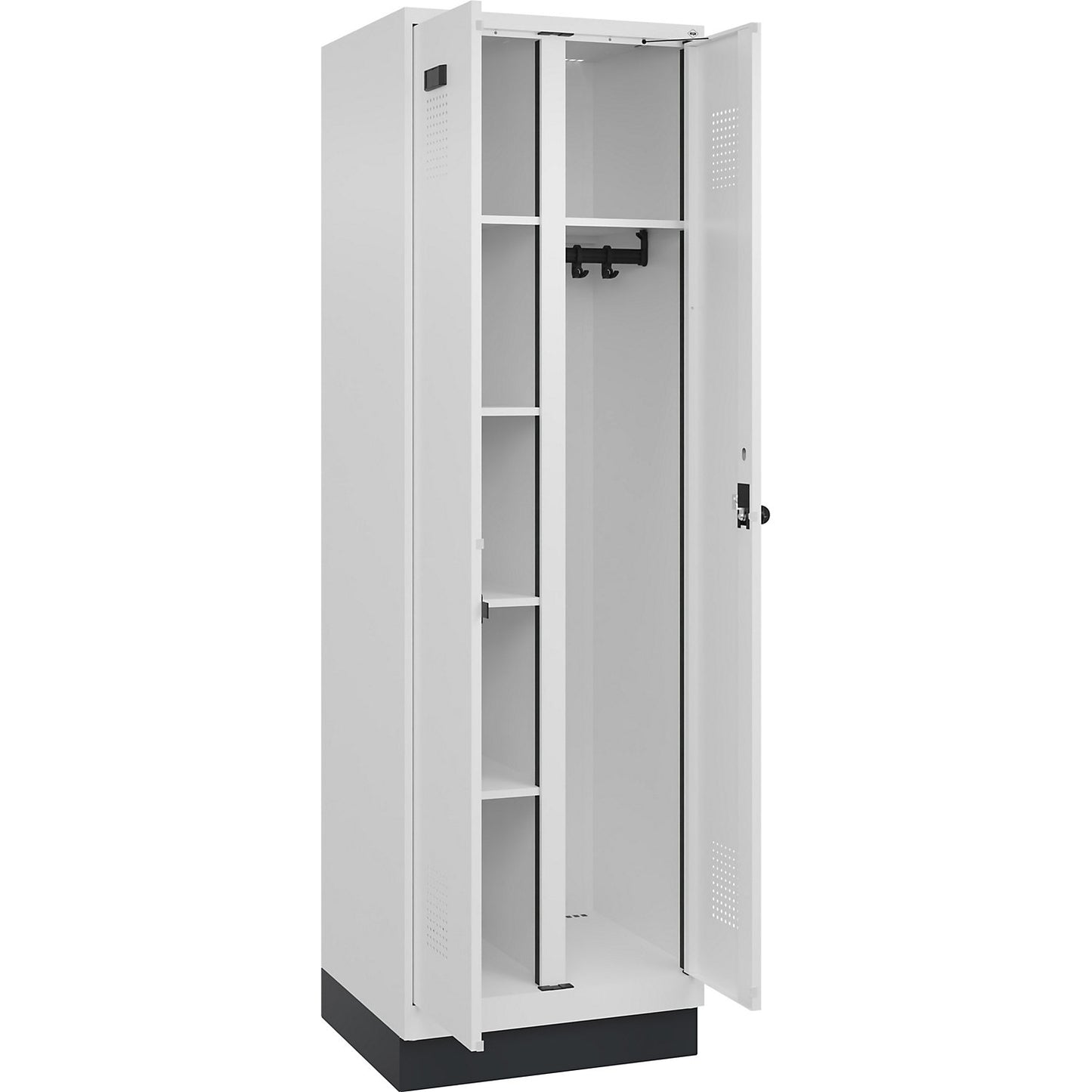 Evolo PLUS locker for cleaning products, 1 compartment, partition in centre, white, W 600 mm, with base plinth, security rotary bolt.