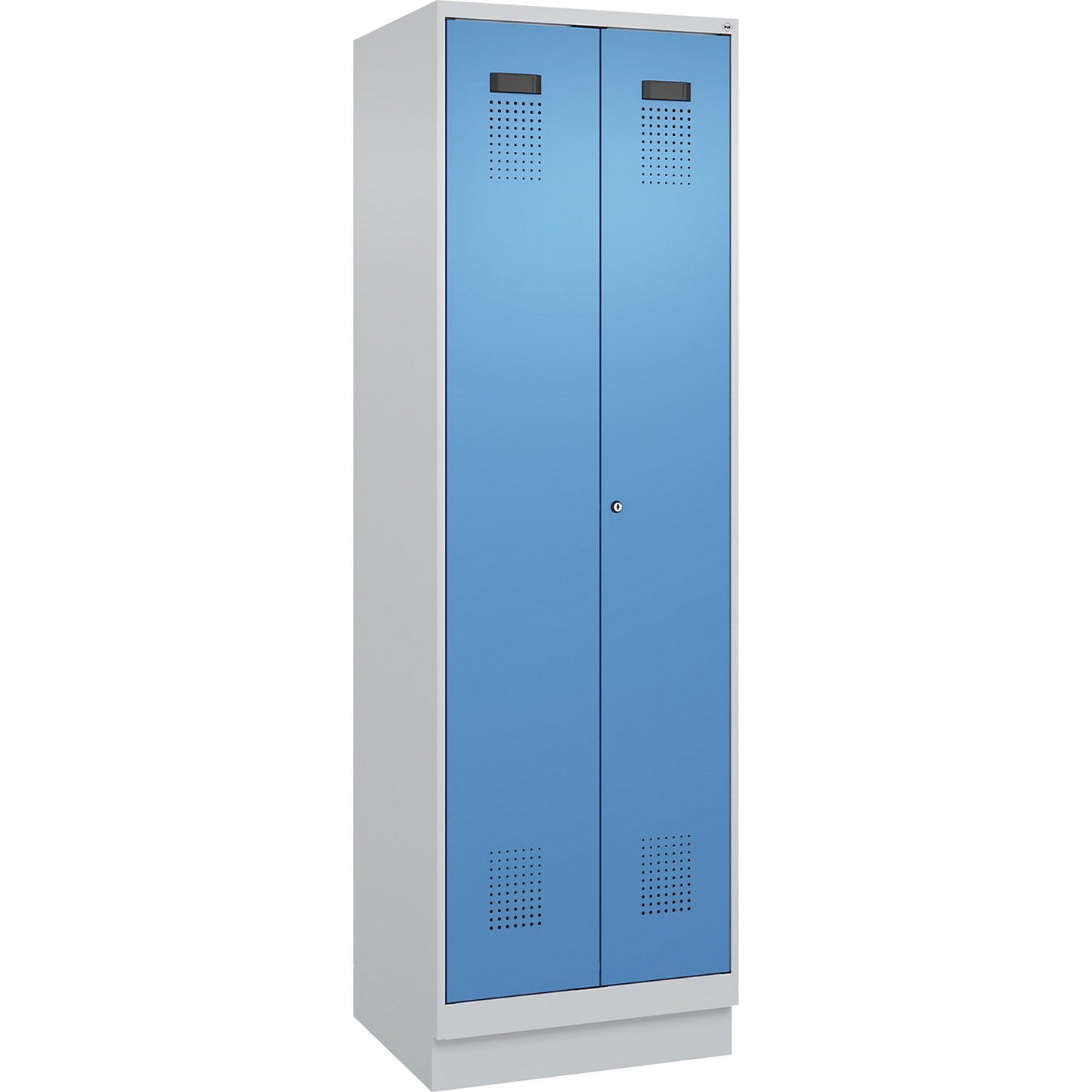 Evolo PLUS locker for cleaning products, 1 compartment, partition in centre, light grey / light blue, W 600 mm, with base plinth, cylinder lock.