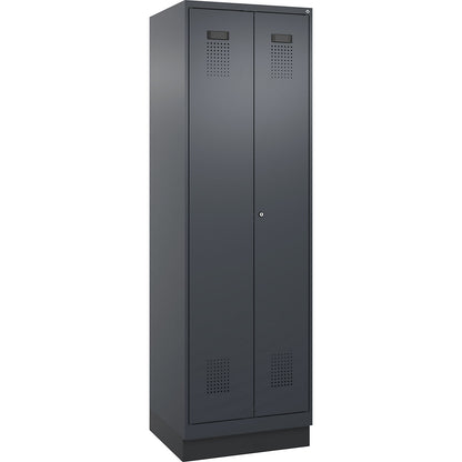 Evolo PLUS locker for cleaning products, 1 compartment, partition in centre, grey, W 600 mm, with base plinth, cylinder lock.