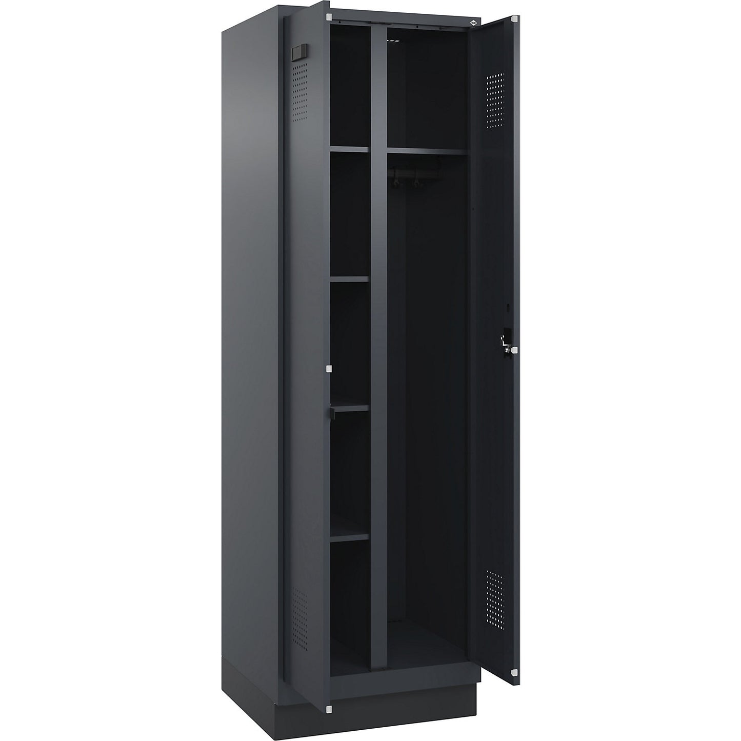 Evolo PLUS locker for cleaning products, 1 compartment, partition in centre, grey, W 600 mm, with base plinth, cylinder lock.