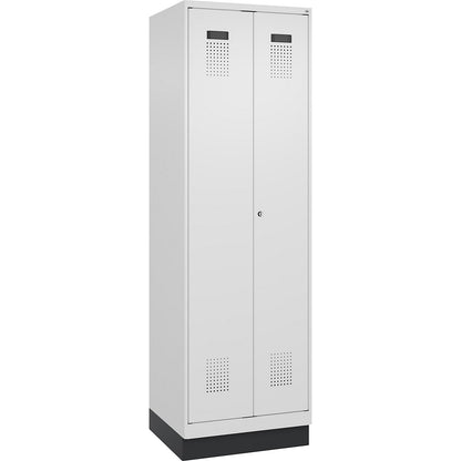 Evolo PLUS locker for cleaning products, 1 compartment, partition in centre, white, W 600 mm, with base plinth, cylinder lock.