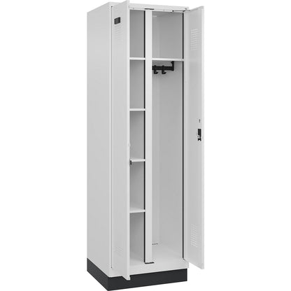 Evolo PLUS locker for cleaning products, 1 compartment, partition in centre, white, W 600 mm, with base plinth, cylinder lock.