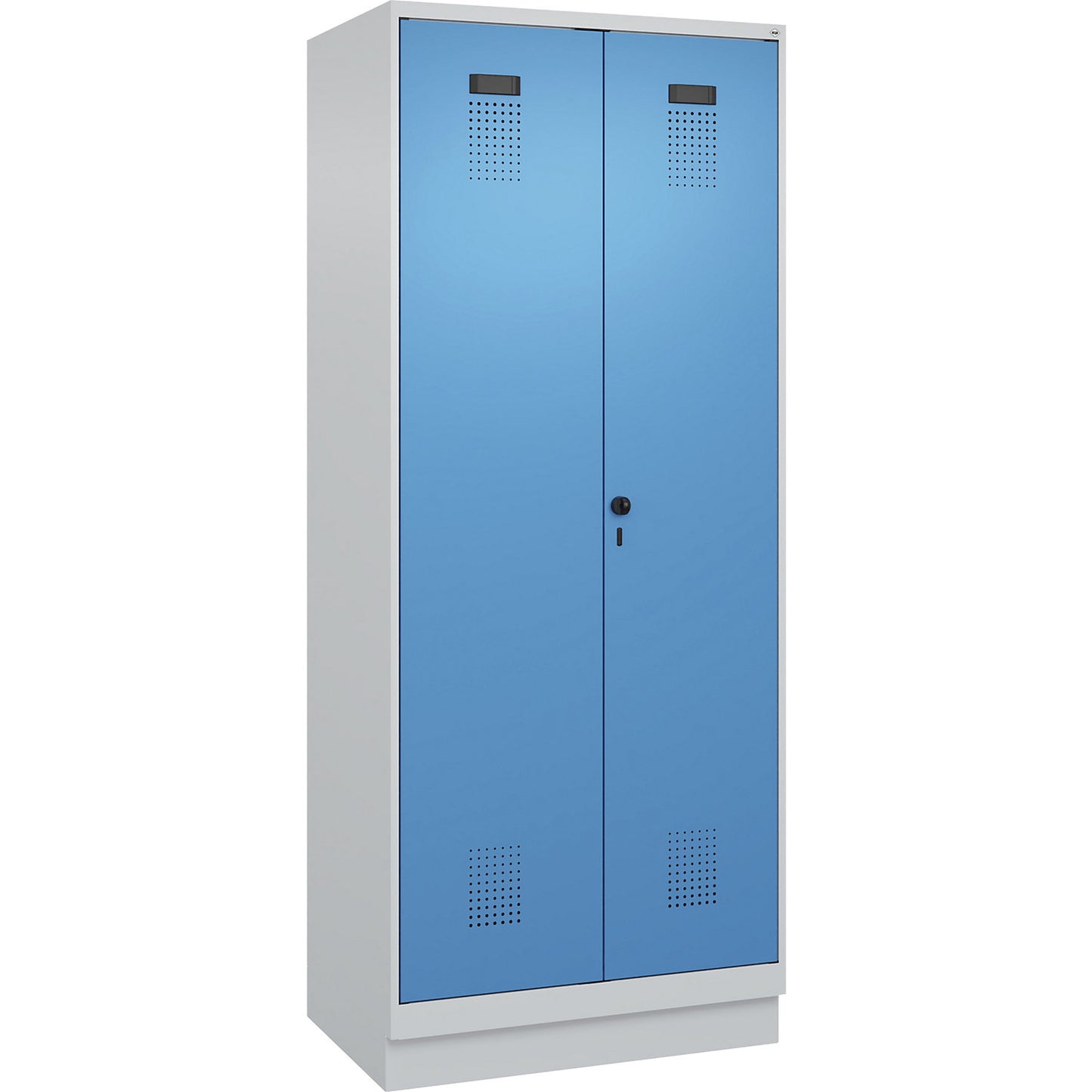 Evolo PLUS locker for cleaning products, 1 compartment, partition in centre, light grey / light blue, W 800 mm, with base plinth, security rotary bolt.