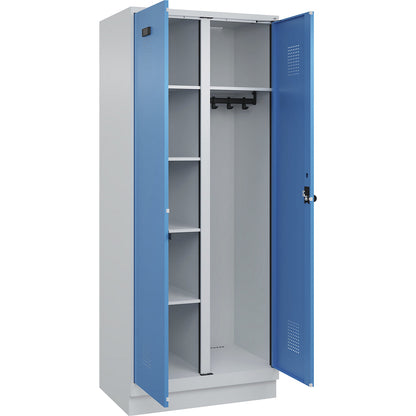 Evolo PLUS locker for cleaning products, 1 compartment, partition in centre, light grey / light blue, W 800 mm, with base plinth, security rotary bolt.