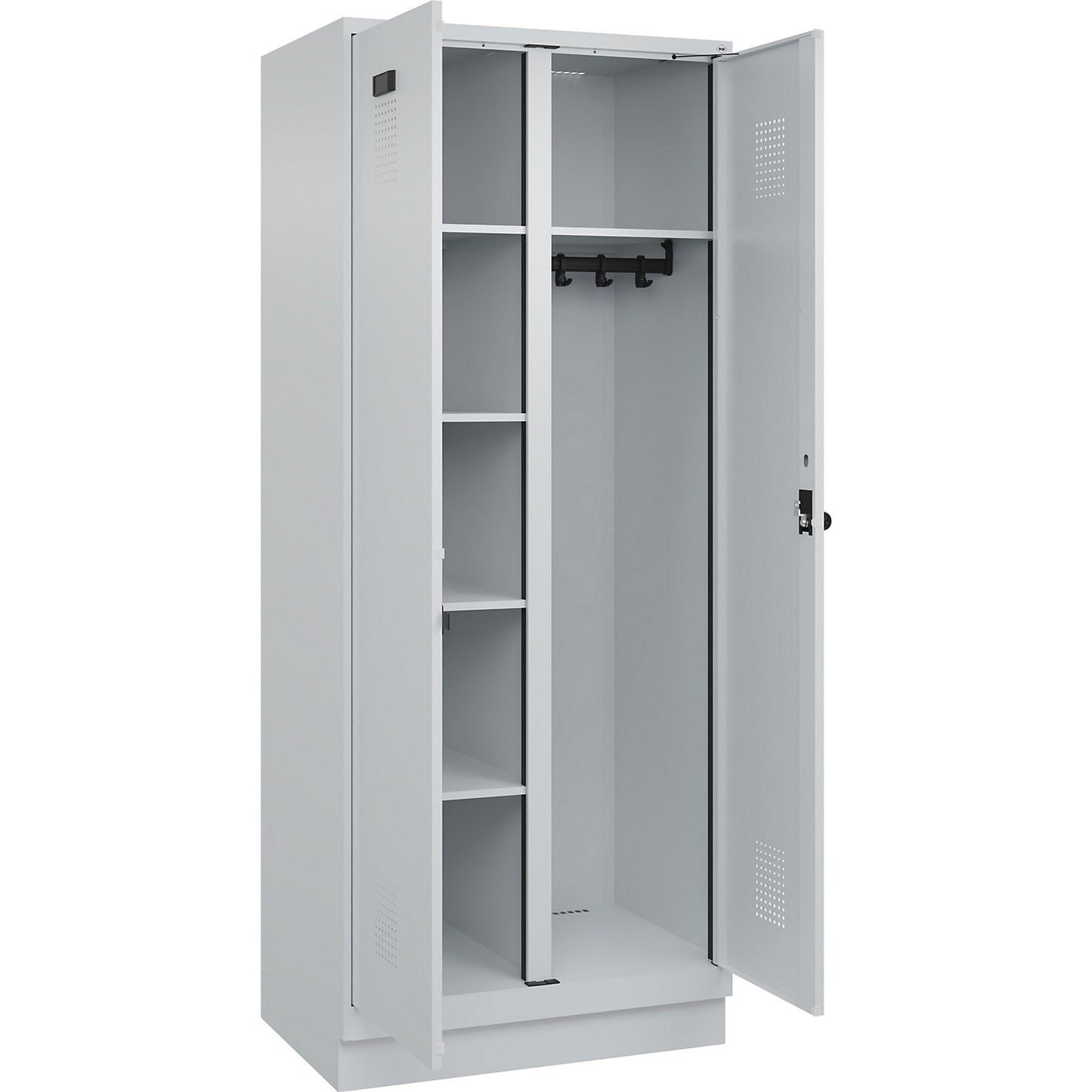 Evolo PLUS locker for cleaning products, 1 compartment, partition in centre, light grey, W 800 mm, with base plinth, security rotary bolt.