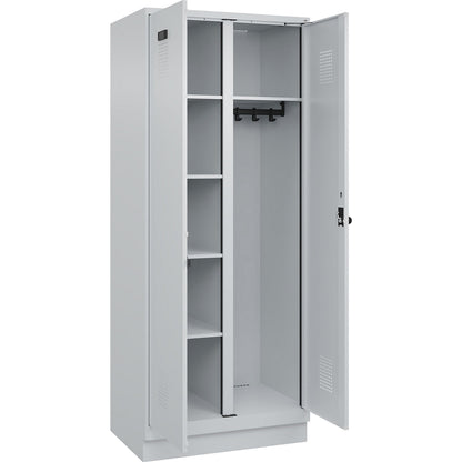 Evolo PLUS locker for cleaning products, 1 compartment, partition in centre, light grey, W 800 mm, with base plinth, security rotary bolt.