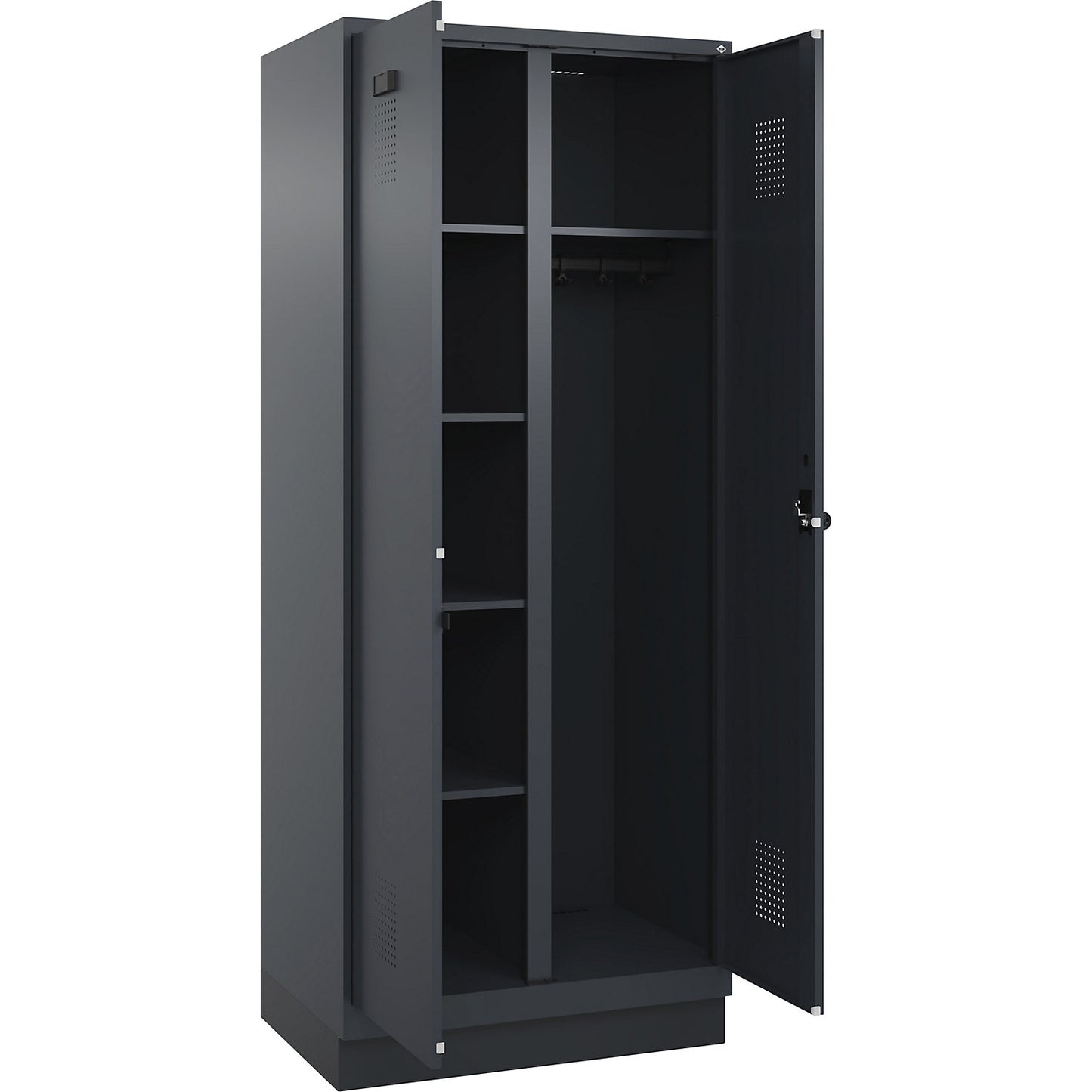 Evolo PLUS locker for cleaning products, 1 compartment, partition in centre, grey, W 800 mm, with base plinth, security rotary bolt.