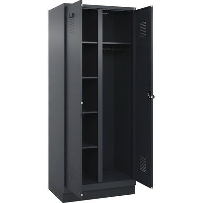 Evolo PLUS locker for cleaning products, 1 compartment, partition in centre, grey, W 800 mm, with base plinth, security rotary bolt.