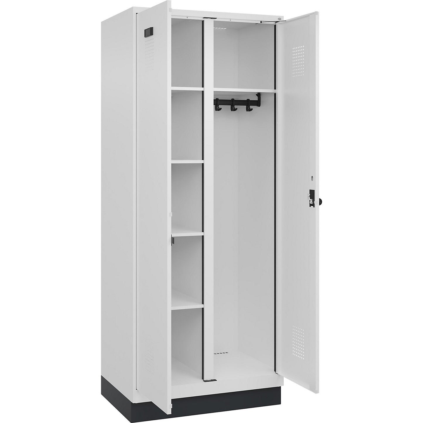 Evolo PLUS locker for cleaning products, 1 compartment, partition in centre, white, W 800 mm, with base plinth, security rotary bolt.