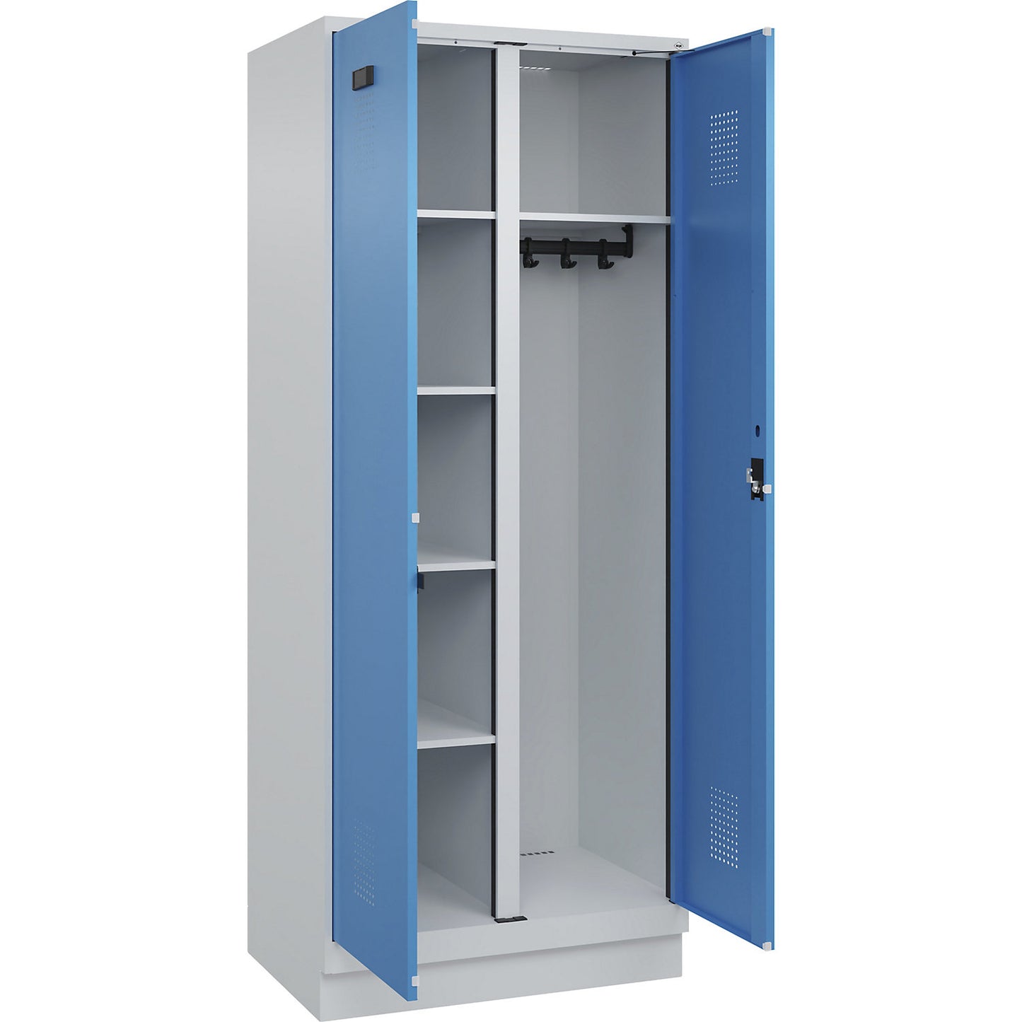 Evolo PLUS locker for cleaning products, 1 compartment, partition in centre, light grey / light blue, W 800 mm, with base plinth, cylinder lock.