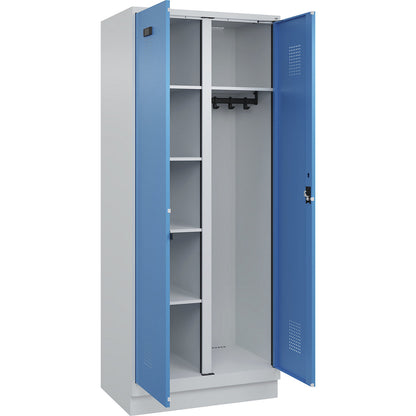 Evolo PLUS locker for cleaning products, 1 compartment, partition in centre, light grey / light blue, W 800 mm, with base plinth, cylinder lock.