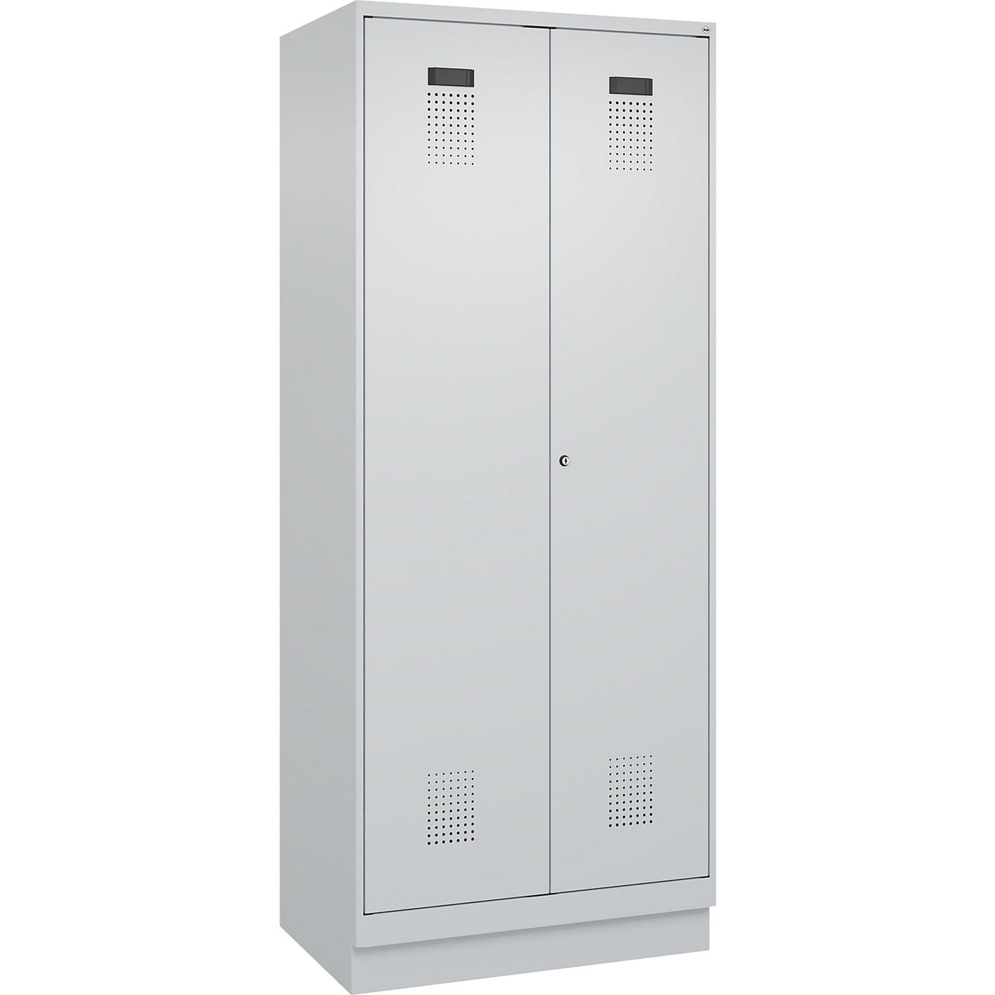 Evolo PLUS locker for cleaning products, 1 compartment, partition in centre, light grey, W 800 mm, with base plinth, cylinder lock.