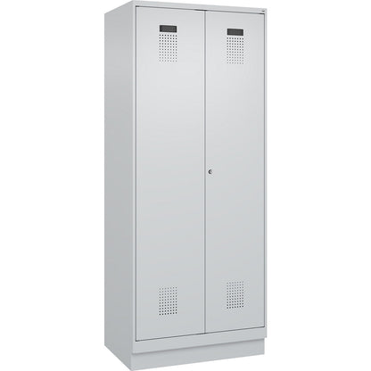 Evolo PLUS locker for cleaning products, 1 compartment, partition in centre, light grey, W 800 mm, with base plinth, cylinder lock.
