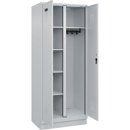 Evolo PLUS locker for cleaning products, 1 compartment, partition in centre, light grey, W 800 mm, with base plinth, cylinder lock.