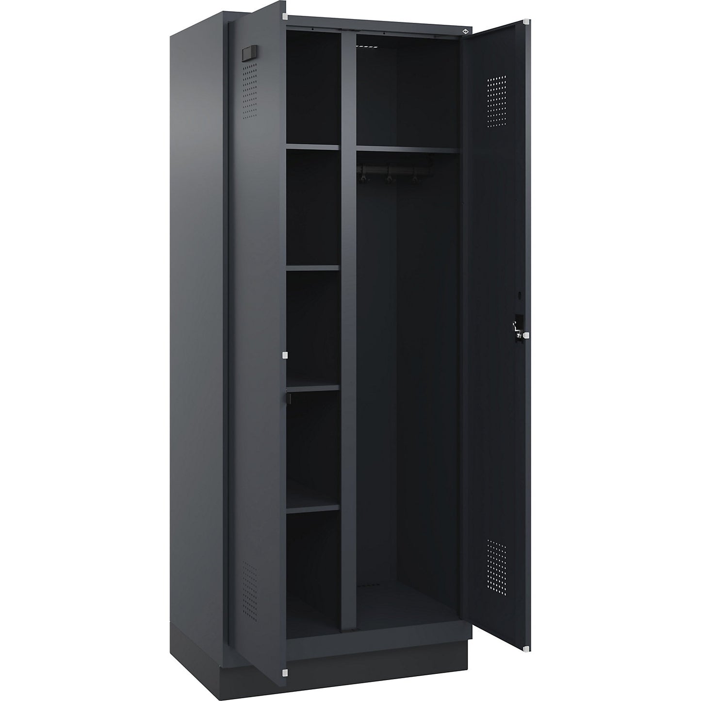 Evolo PLUS locker for cleaning products, 1 compartment, partition in centre, grey, W 800 mm, with base plinth, cylinder lock.