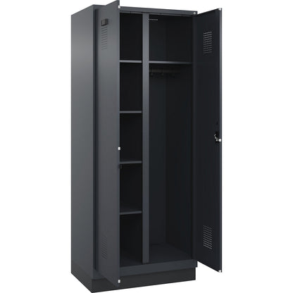 Evolo PLUS locker for cleaning products, 1 compartment, partition in centre, grey, W 800 mm, with base plinth, cylinder lock.