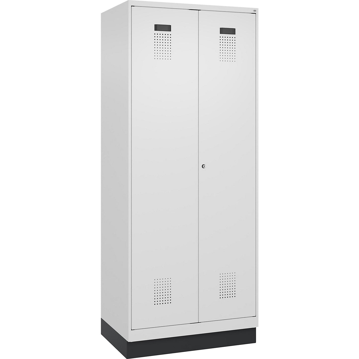 Evolo PLUS locker for cleaning products, 1 compartment, partition in centre, white, W 800 mm, with base plinth, cylinder lock.