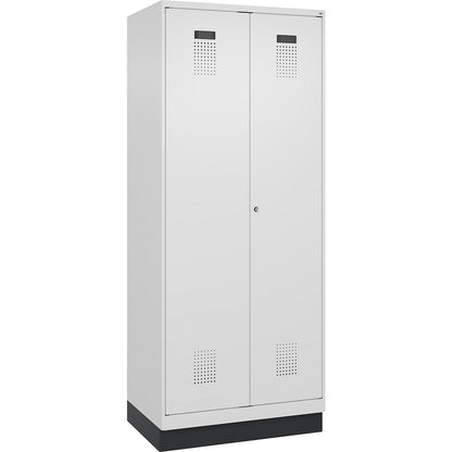 Evolo PLUS locker for cleaning products, 1 compartment, partition in centre, white, W 800 mm, with base plinth, cylinder lock.