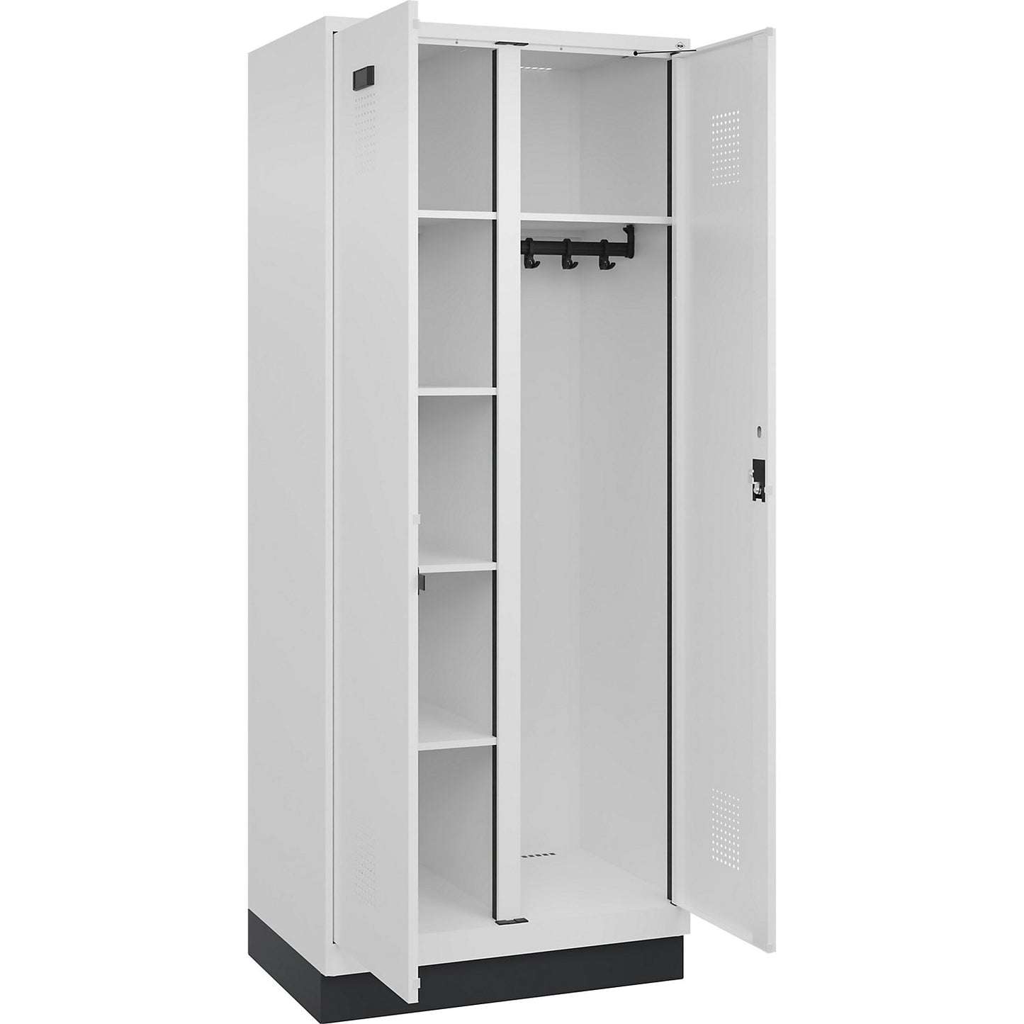 Evolo PLUS locker for cleaning products, 1 compartment, partition in centre, white, W 800 mm, with base plinth, cylinder lock.