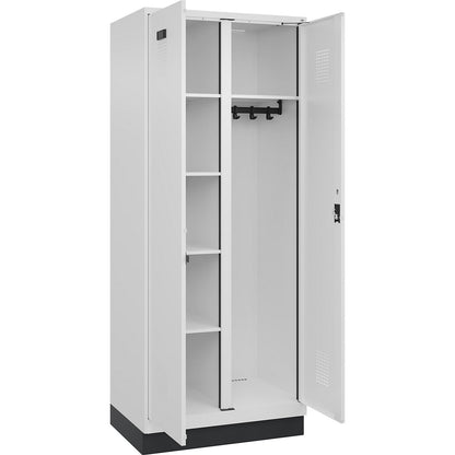 Evolo PLUS locker for cleaning products, 1 compartment, partition in centre, white, W 800 mm, with base plinth, cylinder lock.