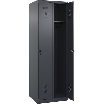 Evolo PLUS locker, 2 compartments, grey, W 600 mm, with floor glides, rotary bolt.