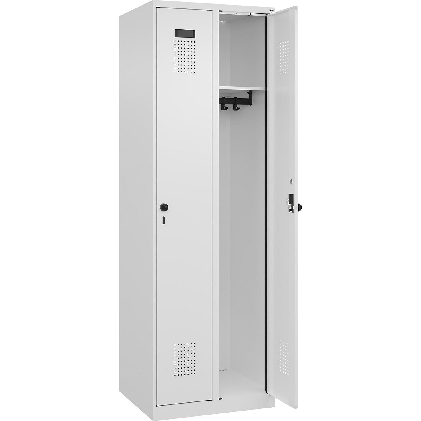 Evolo PLUS locker, 2 compartments, traffic white, W 600 mm, with floor glides, rotary bolt.
