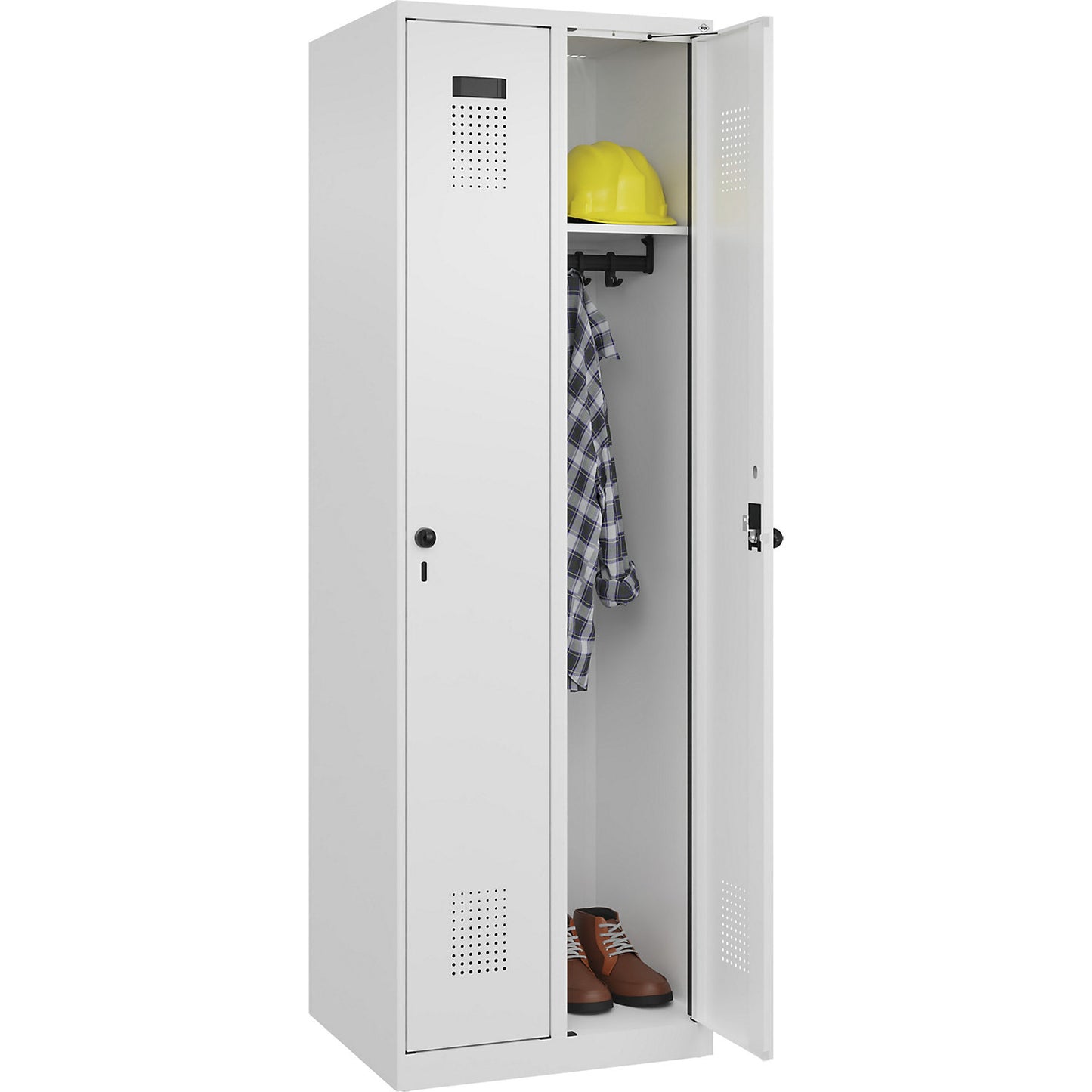 Evolo PLUS locker, 2 compartments, traffic white, W 600 mm, with floor glides, rotary bolt.