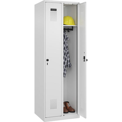 Evolo PLUS locker, 2 compartments, traffic white, W 600 mm, with floor glides, rotary bolt.