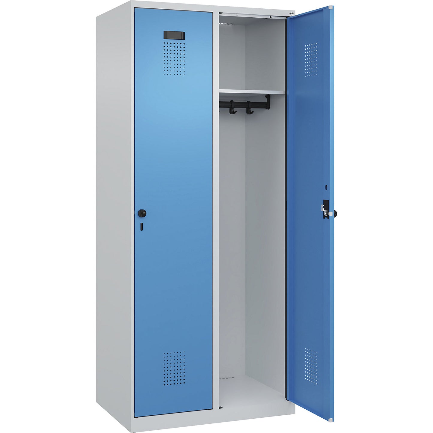 Evolo PLUS locker, 2 compartments, light grey / light blue, W 800 mm, with floor glides, rotary bolt.