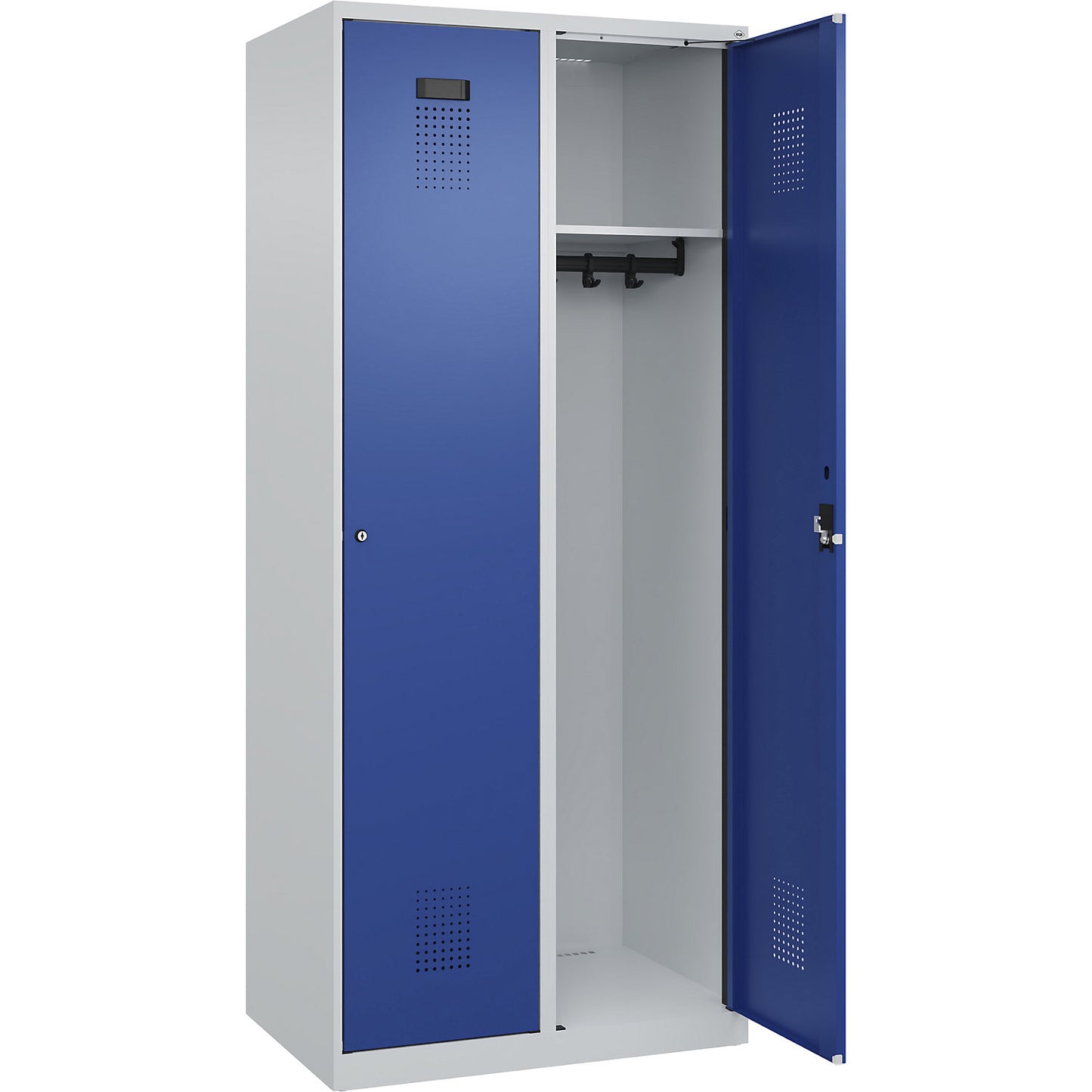 Evolo PLUS locker, 2 compartments, light grey / gentian blue, W 800 mm, with floor glides, cylinder lock.