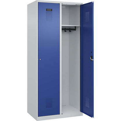 Evolo PLUS locker, 2 compartments, light grey / gentian blue, W 800 mm, with floor glides, cylinder lock.
