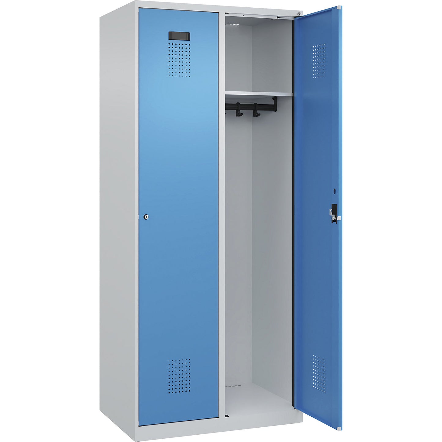 Evolo PLUS locker, 2 compartments, light grey / light blue, W 800 mm, with floor glides, cylinder lock.