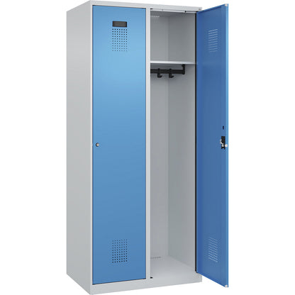Evolo PLUS locker, 2 compartments, light grey / light blue, W 800 mm, with floor glides, cylinder lock.