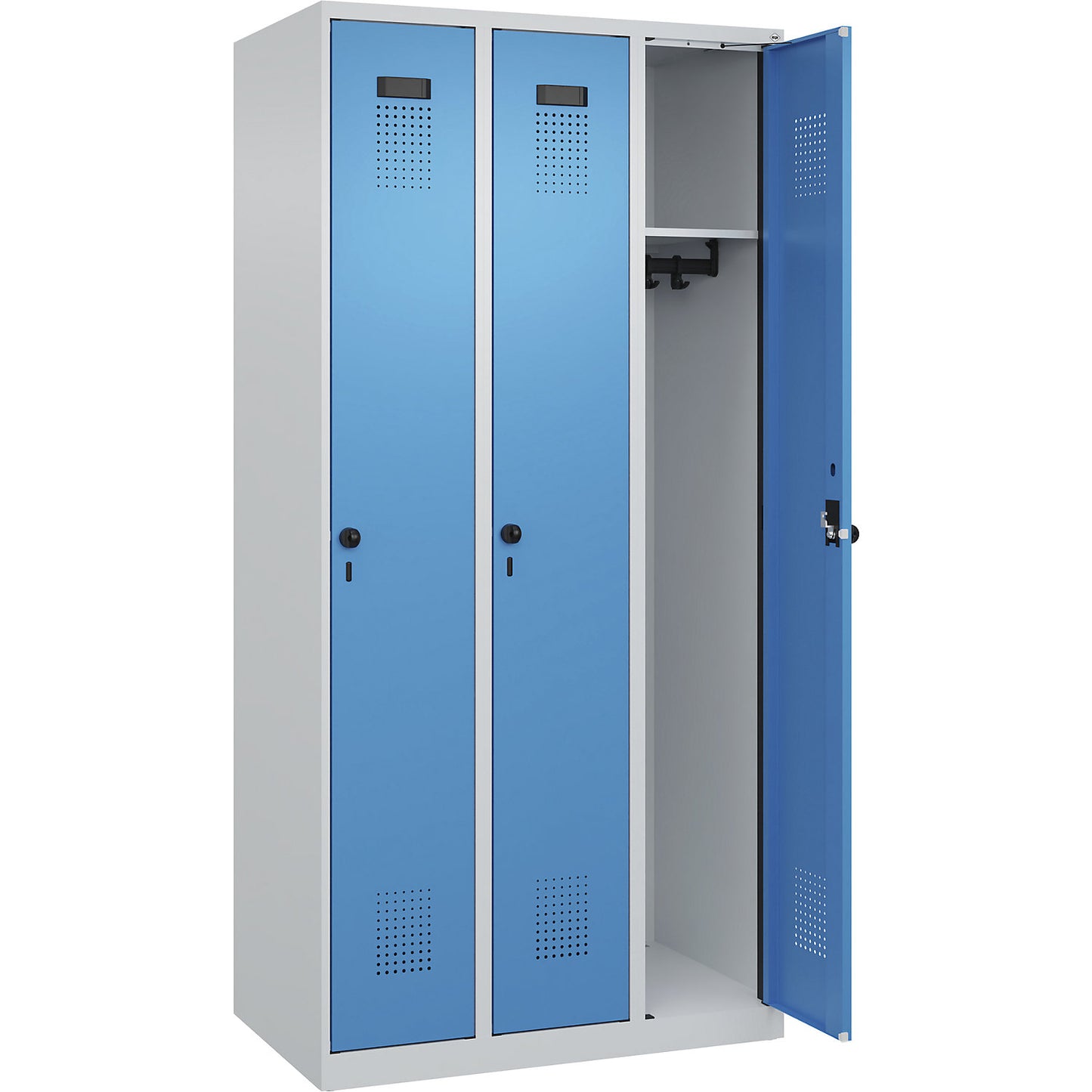 Evolo PLUS locker, 3 compartments, light grey / light blue, W 900 mm, with floor glides, rotary bolt.