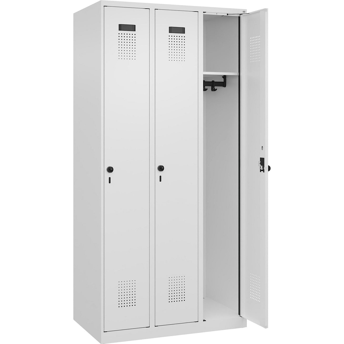Evolo PLUS locker, 3 compartments, traffic white, W 900 mm, with floor glides, rotary bolt.