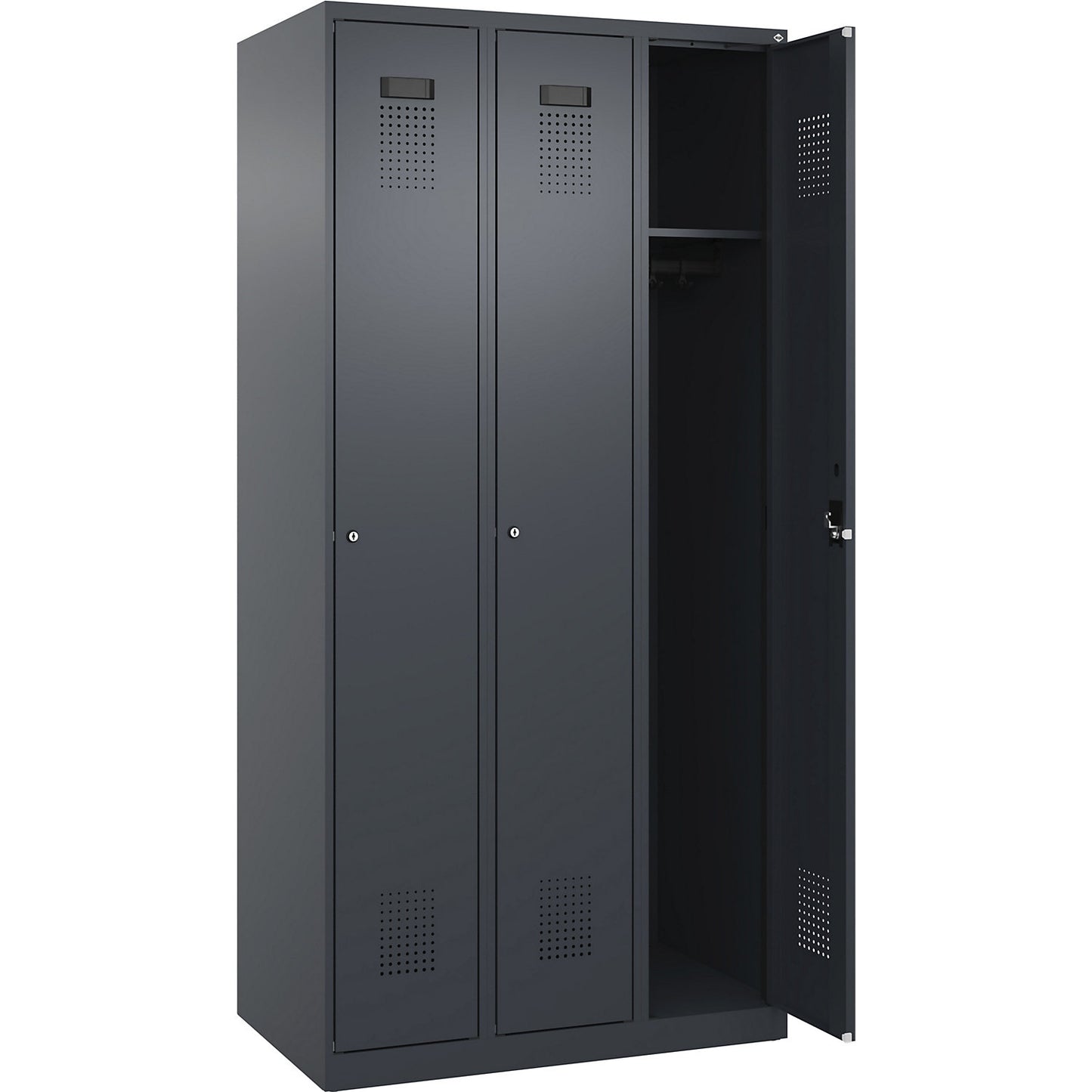 Evolo PLUS locker, 3 compartments, grey, W 900 mm, with floor glides, cylinder lock.