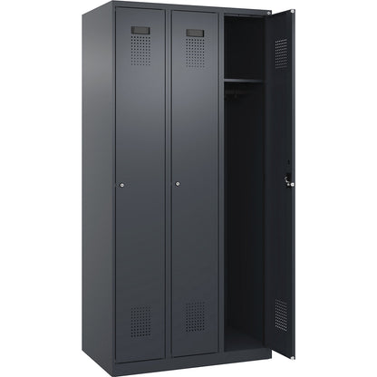 Evolo PLUS locker, 3 compartments, grey, W 900 mm, with floor glides, cylinder lock.