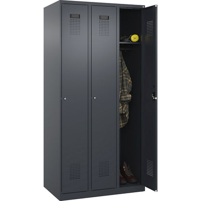 Evolo PLUS locker, 3 compartments, grey, W 900 mm, with floor glides, cylinder lock.