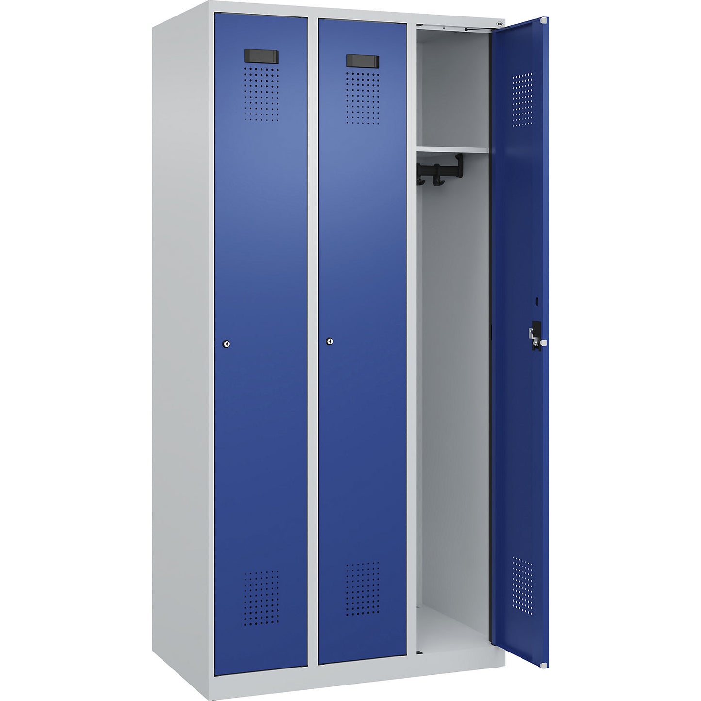 Evolo PLUS locker, 3 compartments, light grey / gentian blue, W 900 mm, with floor glides, cylinder lock.